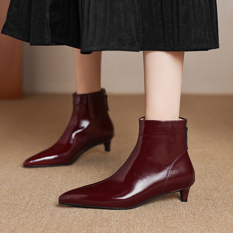 法式小跟短靴女酒红色后拉链尖头马丁靴秋冬真皮通勤细跟猫跟踝靴,流行男鞋,马丁靴,淘宝优惠券,粉丝福利购,淘宝优惠卷