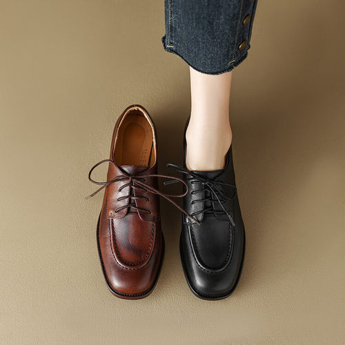 复古棕色英伦系带小皮鞋女2024春秋33舒适牛皮软皮休闲深口单鞋41