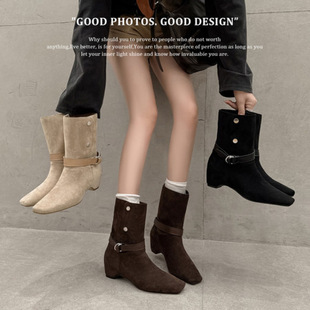 卡其色长筒靴子女两穿秋冬季 粗跟显瘦堆堆靴方头平底短靴子西部靴