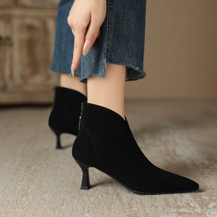 法式羊皮小短靴女秋冬季细跟高跟鞋磨砂真皮尖头及踝靴大码41一43,流行男鞋,马丁靴,淘宝优惠券,粉丝福利购,淘宝优惠卷