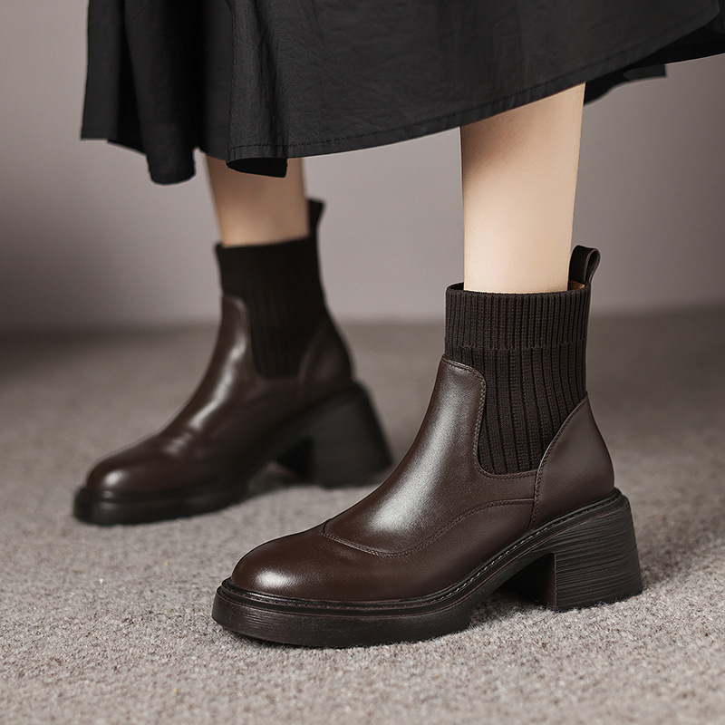 手工女鞋复古圆头粗跟中跟短靴女真皮针织袜靴百搭显瘦切尔西短靴