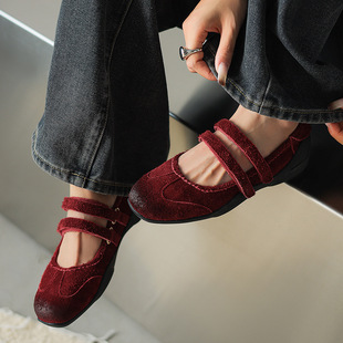 复古做旧擦色圆头运动芭蕾内增高玛丽珍单鞋运动鞋垫巨软巨舒服红