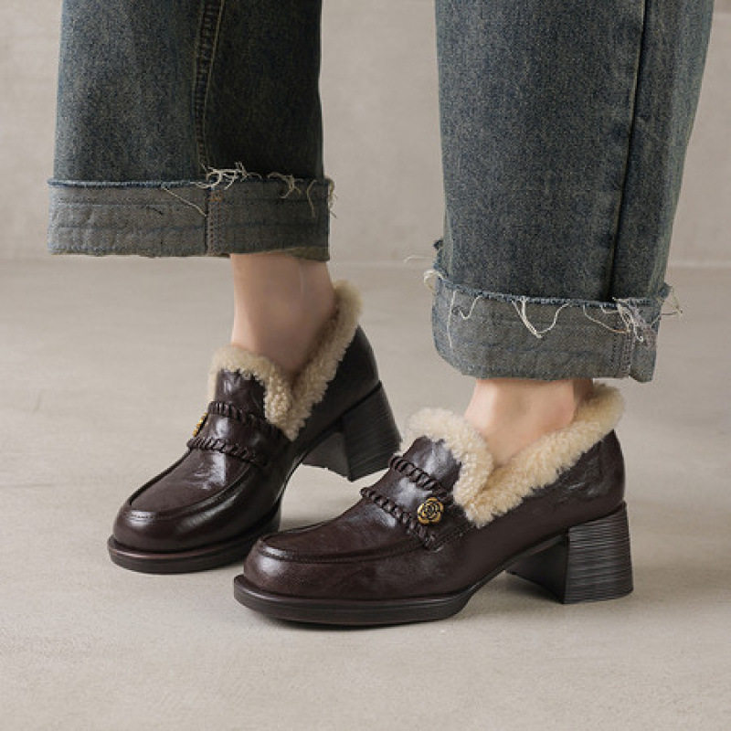 5.5cm~真皮加绒乐福鞋女冬季粗跟毛毛鞋一脚蹬保暖单鞋高跟复古风,流行男鞋,马丁靴,淘宝优惠券,粉丝福利购,淘宝优惠卷