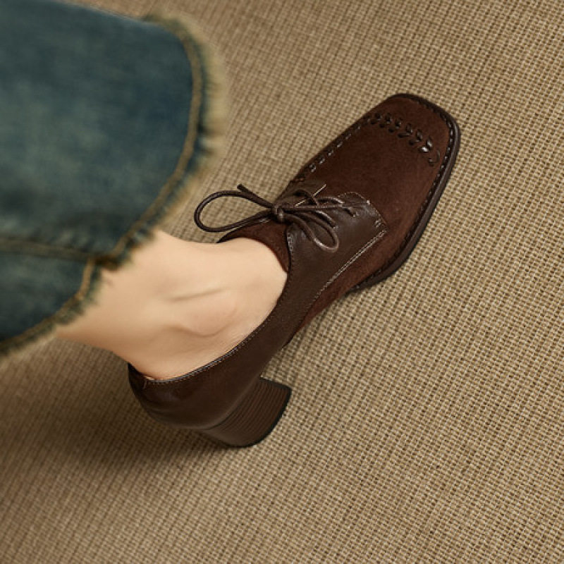 6厘米方头粗跟拼接磨砂羊皮春秋深口系带中性风通勤时装高跟单鞋,运动鞋new,跑步鞋,淘宝优惠券,粉丝福利购,淘宝优惠卷