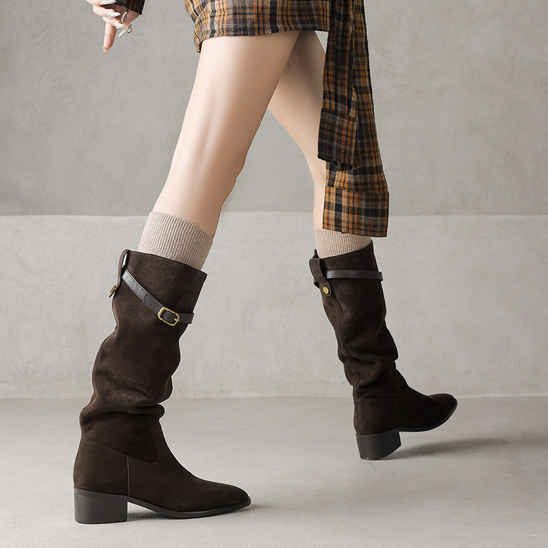 2025秋冬新款复古方头粗跟长筒靴女真皮显瘦西部骑士靴纯色皮带扣,户外/登山/野营/旅行用品,登山鞋/徒步鞋,淘宝优惠券,粉丝福利购,淘宝优惠卷