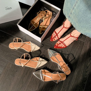 迷人千金~休闲个性十字交叉细带尖头凉鞋女夏季配裙子平底罗马鞋