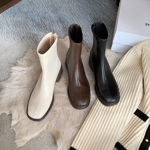 巨显瘦！韩版简约气质圆头中跟弹力靴女瘦瘦靴平底短靴大码41—43