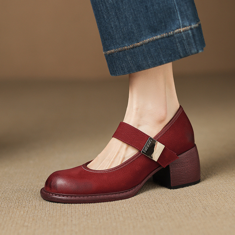 法式复古圆头粗跟中跟单鞋女真皮百搭玛丽珍鞋通勤纯色温柔小皮鞋