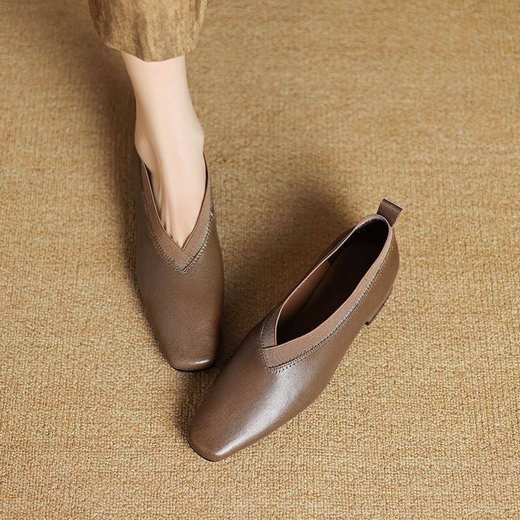 单鞋女浅口平底粗跟方头2024新款春秋冬法式百搭配裙子咖啡色真皮,户外/登山/野营/旅行用品,登山鞋/徒步鞋,淘宝优惠券,粉丝福利购,淘宝优惠卷