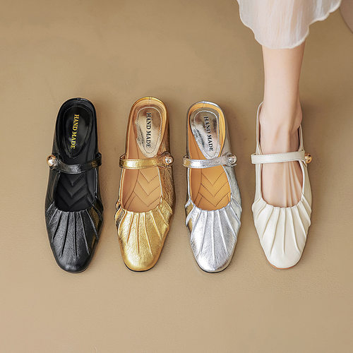 银色包头凉鞋女夏平底半托单鞋外穿低跟大码女鞋41一43超火半拖鞋