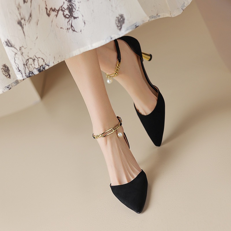 优雅迷人！2023新款尖头中空细跟高跟凉单鞋女鞋羊皮潮 大小码