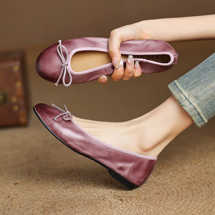 水洗牛皮蝴蝶结圆头复古浅口平底单鞋2025春季一脚蹬绝美好穿女鞋,居家布艺,居家婚庆拖鞋,淘宝优惠券,粉丝福利购,淘宝优惠卷