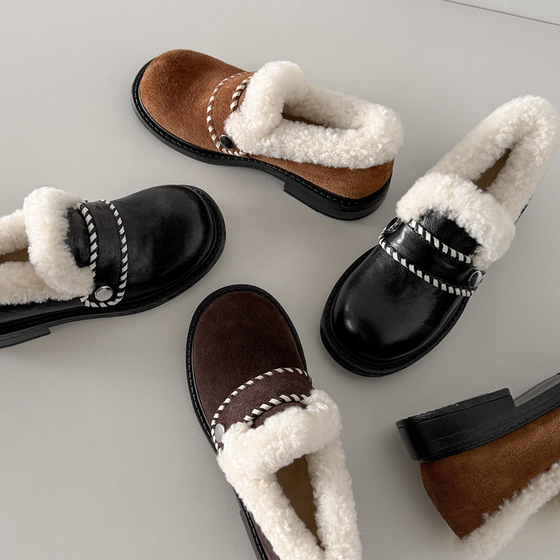 圆头松糕底TPR(牛筋）胶粘工艺人造长毛绒深口单鞋