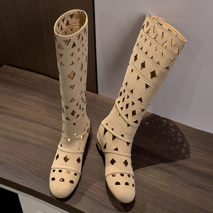 小众设计2025内增高长靴长筒靴波西米亚风格 镂空圆头平底高筒靴女