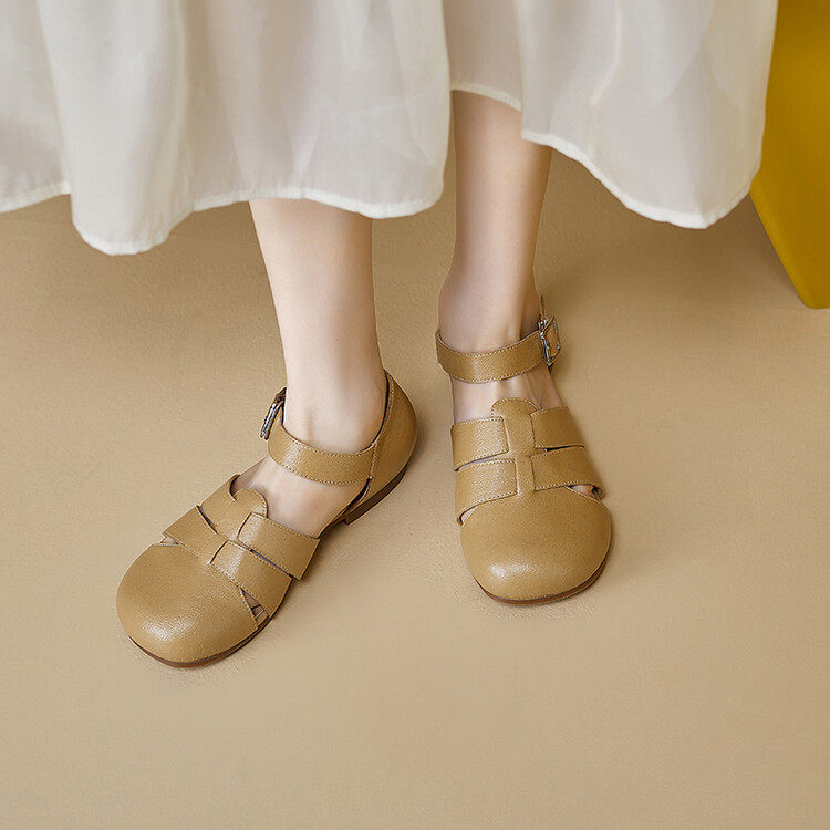 韩版基础款平底真皮女鞋复古罗马风格圆头浅口一字带真皮女式凉鞋,户外/登山/野营/旅行用品,登山鞋/徒步鞋,淘宝优惠券,粉丝福利购,淘宝优惠卷