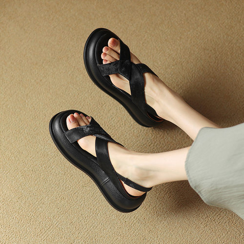 简约松糕厚底轻便沙滩鞋丝绸牛皮~夏季配裙子露趾后空凉鞋女百搭