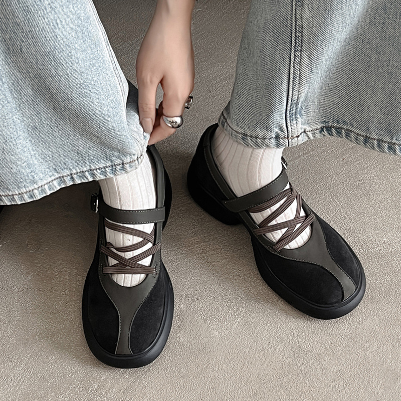 法式复古厚底增高小皮鞋女2025新款真皮圆头浅口单鞋一字带乐福鞋