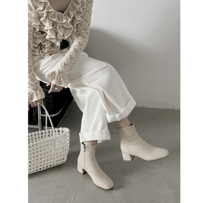 法式洋气小短靴女方头粗跟软皮弹力瘦瘦靴秋冬加绒配裙子切尔西靴