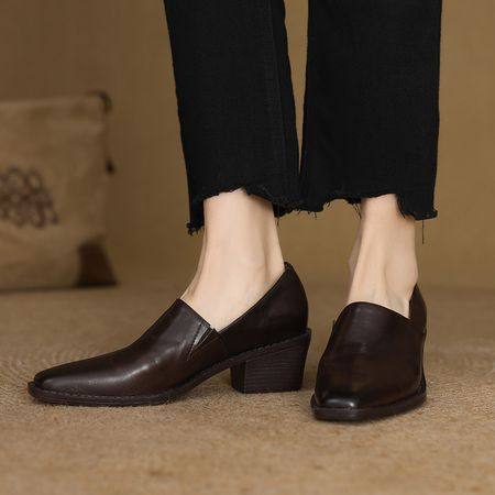 真皮2025年春季新款粗跟气质单鞋女百搭舒适高跟方头复古深口女鞋,流行男鞋,马丁靴,淘宝优惠券,粉丝福利购,淘宝优惠卷