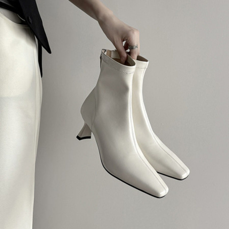 白色瘦瘦靴女高跟百搭弹力靴2025秋新款方头粗跟后拉链通勤短靴女,运动/瑜伽/健身/球迷用品,广场舞鞋,淘宝优惠券,粉丝福利购,淘宝优惠卷