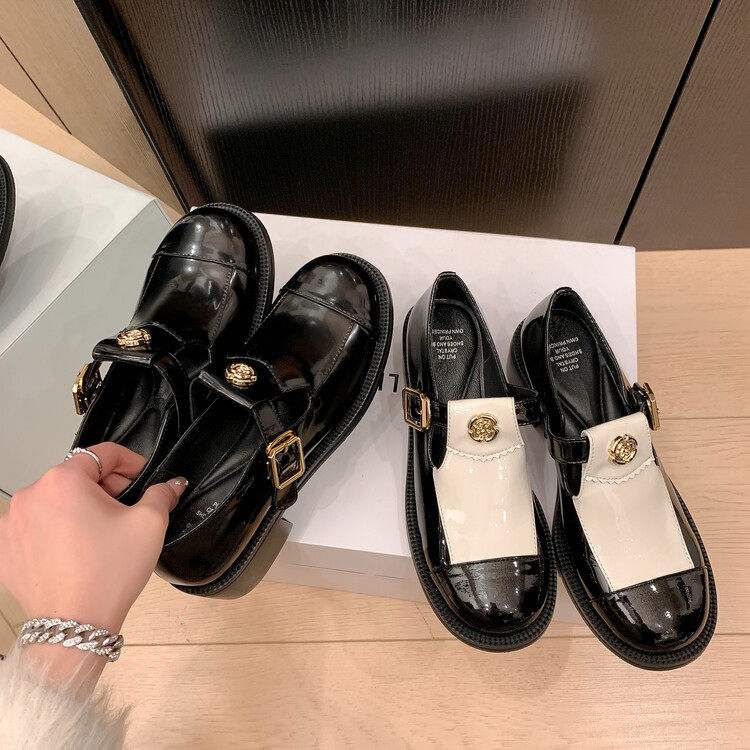 小香风山茶花圆头拼色皮带扣粗跟乐福鞋2024春季基础百搭小皮鞋女,运动鞋new,跑步鞋,淘宝优惠券,粉丝福利购,淘宝优惠卷