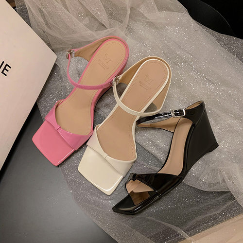 法式高跟鞋女夏款坡跟蝴蝶结方头露趾仙女风凉鞋一字带拖鞋女外穿