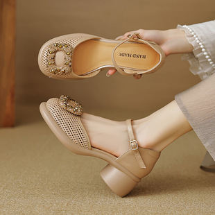 一字带中空粗跟高跟洞洞鞋 夏季 女2024新款 踩屎感真皮厚底包头凉鞋