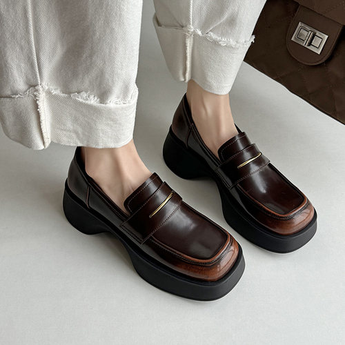 增高5cm~英伦风小皮鞋真皮一脚蹬乐福鞋女2023新款秋黑色厚底单鞋