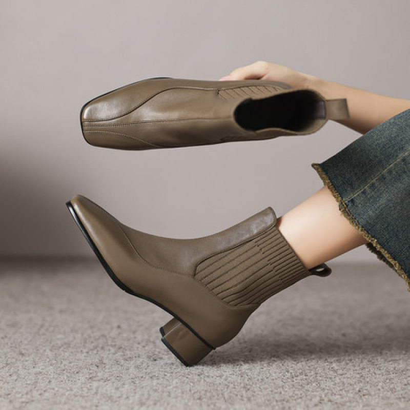 真皮柔软高跟短靴女粗跟气质毛线筒靴子欧美方头袜靴秋冬加绒裸靴,流行男鞋,马丁靴,淘宝优惠券,粉丝福利购,淘宝优惠卷