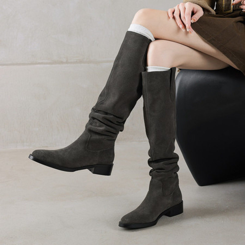 2025新款法式复古真皮方头粗跟高筒靴女气质显瘦堆堆靴长靴骑士靴,户外/登山/野营/旅行用品,登山鞋/徒步鞋,淘宝优惠券,粉丝福利购,淘宝优惠卷