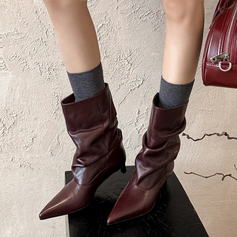 头层水洗牛皮尖头小猫跟欧美气质时装靴2025冬季百搭时尚堆堆靴女,流行男鞋,马丁靴,淘宝优惠券,粉丝福利购,淘宝优惠卷