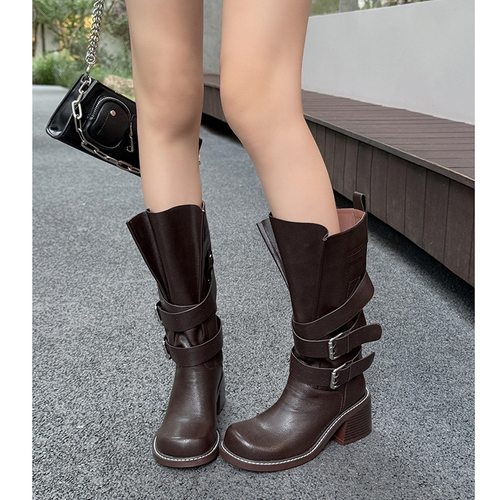 6.5cm复古皮带扣骑士靴女2025新款束口大筒围厚底真皮朋克机车靴