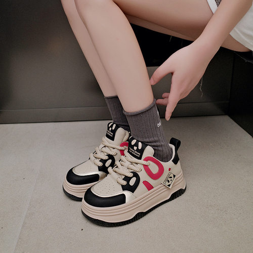 潮款拼色前系带老爹鞋女2023秋季新款圆头松糕底休闲鞋真皮单鞋女