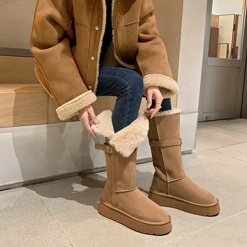雪地靴女款2024新款冬季加厚绒棉鞋圆头小个子厚底两穿棕色长筒靴