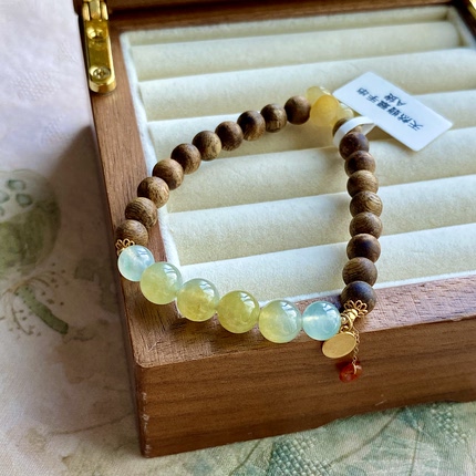 缅甸翡翠A货18K金黄翡手链 奇楠沉香木圆珠盘缠金手串 轻奢原创