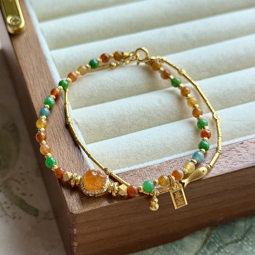 缅甸天然翡翠A货 18 K金貔貅镶嵌多宝手链 轻奢原创设计款手串