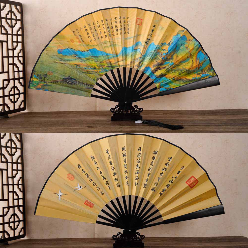 扇子夏季绿色古风龙折扇动漫男中国风女汉服舞蹈流苏绢布折叠竹扇