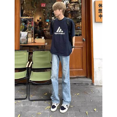 GEOFFREY B.SMAL提裆显瘦弹力直筒裤子微喇牛仔男款美式高街痞帅