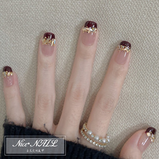 穿戴甲定制酒红黄钻法式新年战甲纯手工美甲成品新娘孕妇可用显白