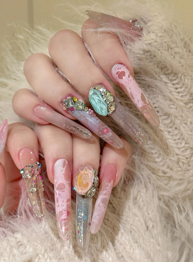 重工蕾丝碎钻穿戴甲粉透渐变宝石