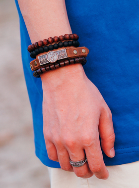 复古太极八卦民族风合金木串手链