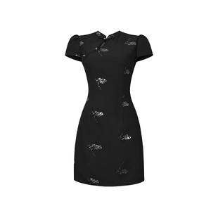 新中式国风小众手工钉珠闪闪改良旗袍连衣裙女夏设计感日常小黑裙