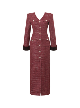 红色法式小香风名媛气质连衣裙女装秋冬轻奢重工收腰显瘦气质长裙