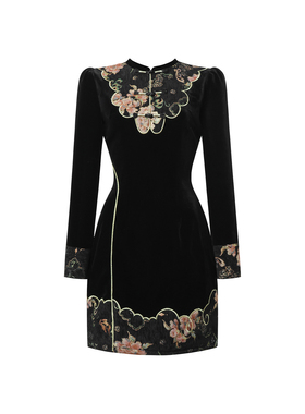 新中式改良旗袍连衣裙女春季黑色刺绣立领收腰高端气质国风短裙子