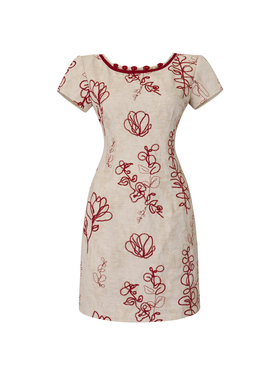 法式复古刺绣红色连衣裙女夏季高级感短袖小众设计感显瘦气质裙子