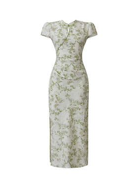 小众绿色国风竹林印花气质改良旗袍连衣裙女夏季新中式高级感长裙