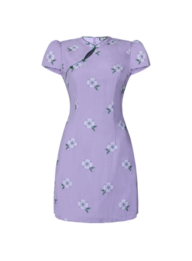 紫色碎花新中式国风连衣裙女夏季修身收腰高级感优雅短款旗袍裙子