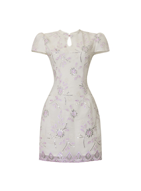 紫色新中式国风重工钉珠设计感短款连衣裙女夏季优雅修身显瘦旗袍