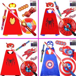 元旦节钢铁侠儿童卡通蜘蛛侠发射器美国队长发光面具披风cos装扮