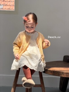 小树家 peach毛桃2026秋款女宝针织开衫外套法式蕾丝花边连衣裙